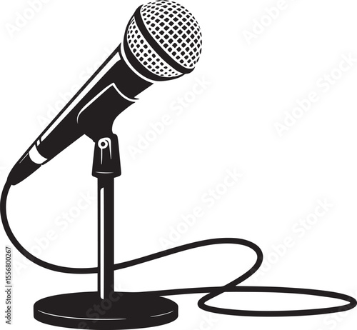 Black Silhouette Microphone On Stand Wire Cord Studio Recording Audio vector