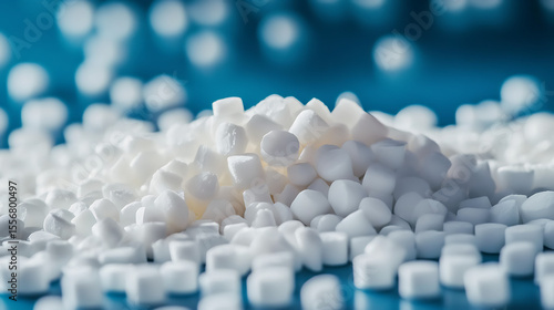 A row of clear plastic bottles with blue and orange lids. The bottles are arranged in a row, with some of them being taller than others. The bottles are of different sizes and colors
