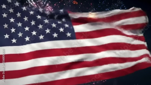 American flag waving with fireworks celebrating 4th of July. Independence