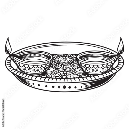 Traditional indian diya oil lamps on a decorative plate black and white illustration