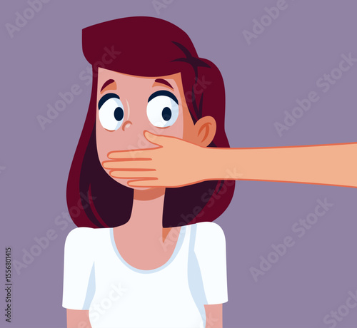 Person Silencing a Woman Putting Hand Over her Mouth Vector. Victim of discrimination and gender injustice being silenced by a man