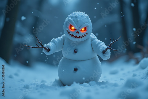 Angry Snowman with Glowing Eyes in Snowy Forest

