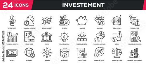 Set of collection line icons related investment, income, finance. Editable stroke. Perfect pixel on transparent background