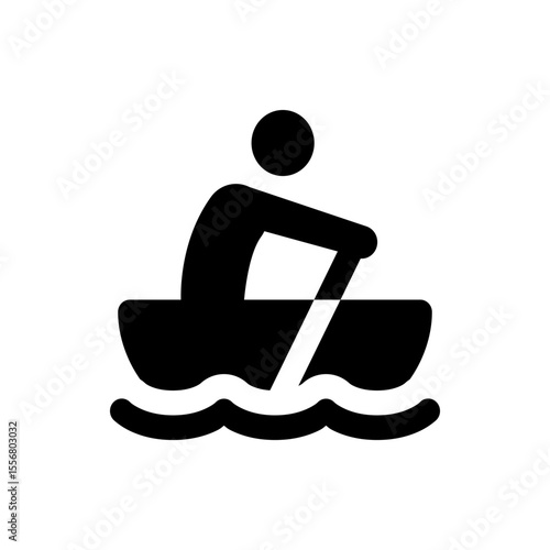 Illustration of a person rowing a boat on water with a paddle in a simple black and white design style