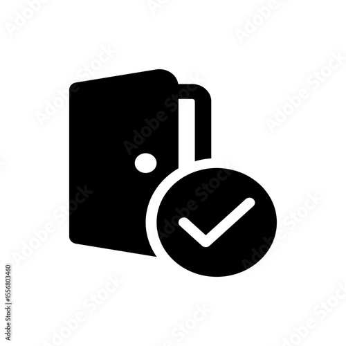 Open door icon with a check mark indicating access granted or successful entry in black and white style