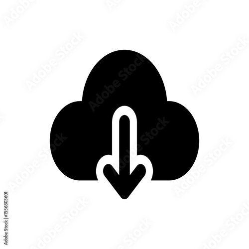 Black cloud with a white arrow pointing down indicating a download from the cloud storage service icon image