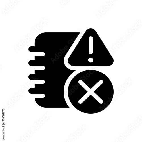 Black file with error triangle and cross mark indicating a problem or deletion on a white background