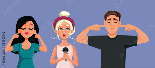 Woman Sings badly while Audience Covers Their Ears Vector Illustration. Lady performing at a karaoke party having a terrible voice 
