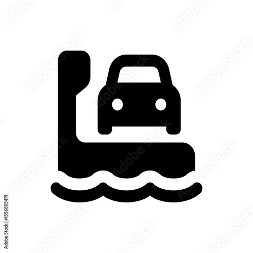 A black and white icon showing a car ferry or a vehicle on a dock near water with waves in a simple style