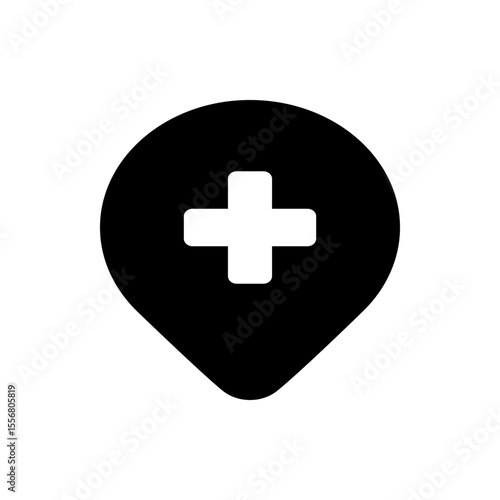 Black map pointer with a white plus sign indicating a medical location or a first aid station icon design