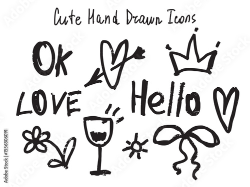 Hand-drawn doodle vector set with fun handwritten words “hello”, “OK”, and “love”, plus simple sketch icons: crown, wine glass, bow, heart, and flower. Great for stickers, prints and cards