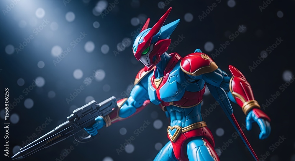Obraz premium Dynamic Pose Action Figure Photography Blue and Red Superhero Toy with Weapon
