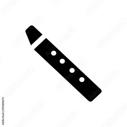 A simple black and white illustration of a wind instrument with finger holes on a white background space