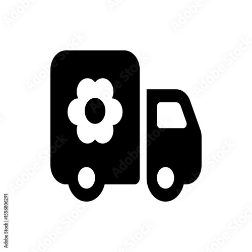 A simple black and white icon of a delivery truck with a flower on the side of the cargo area design
