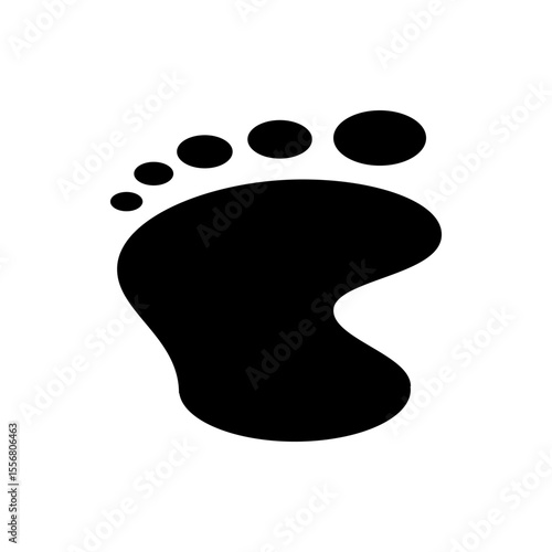 A single black footprint graphic with toes clearly visible isolated on a plain white background design icon