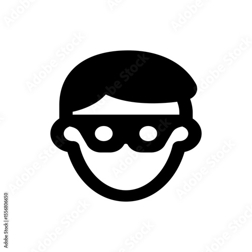 A simple black and white icon depicting a person wearing a mask with short hair and a smiling expression