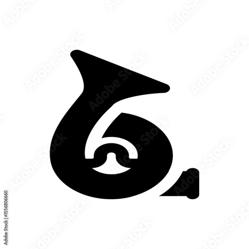 A stylized black and white illustration of a french horn musical instrument with a simple design style