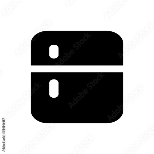 A simple black and white icon depicting a refrigerator with two compartments on a white background view