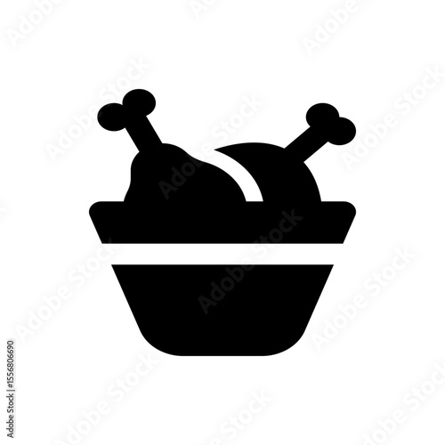 Illustration of a bowl containing two pieces of fried chicken with visible bones on a white background