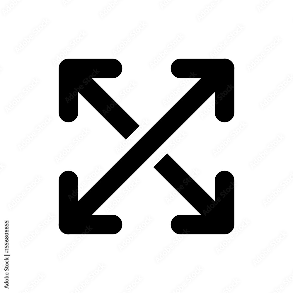 Black expand arrows icon with four directional pointers indicating outward movement on a white background Black expand arrows icon with four directional pointers indicating outward movement on a white background