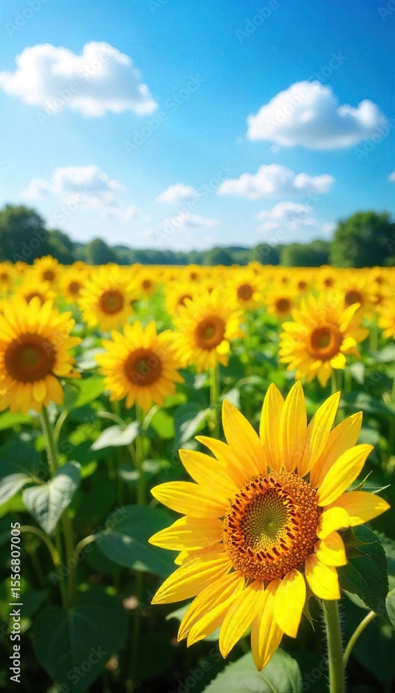 Fototapeta premium A vibrant field of sunflowers in full bloom, stretching to the horizon under a bright summer sky Golden petals and tall green stalks create a stunning natural landscape , countryside, bright