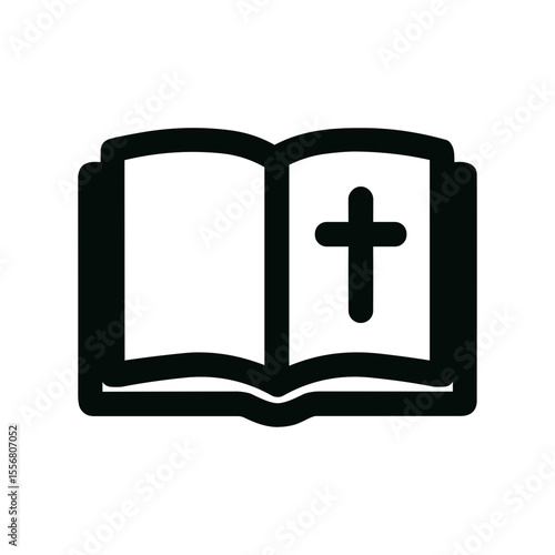 Simple Outline Open Book with Cross Religion Symbol Icon Illustration