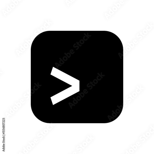 White greater than symbol inside black rounded square shape on a white background in a simple style