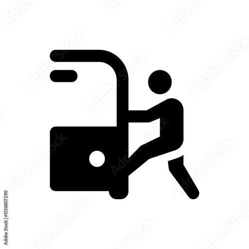 Person pulling a luggage cart with a handle and wheels in a black and white vector illustration design
