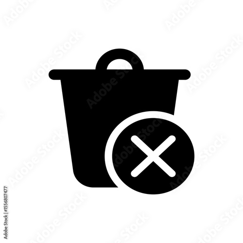 Black trash can with handle and white circle with x symbol indicating deletion or removal icon design vector