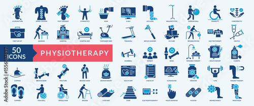 Physiotherapy icon collection set with acupuncture,foot massage, exercise ball, treadmill, infrared therapy
