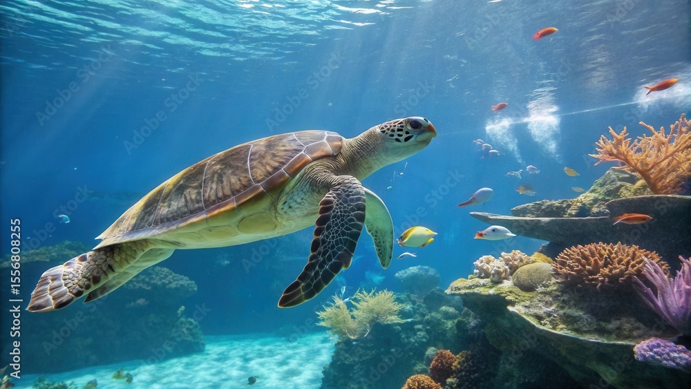 Fototapeta premium Majestic Sea Turtle Gliding Through Vibrant Coral Reef
