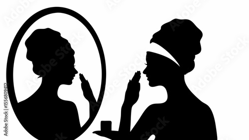 Silhouette of woman applying cream in front of mirror with towel on head and product in hand shown