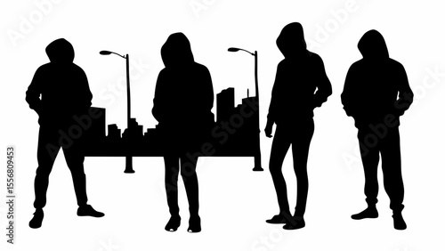 Silhouette of four hooded figures standing in front of a cityscape with streetlights and bench scene