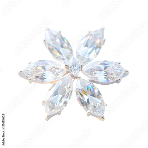Clear faceted gemstone flower brooch with marquise cut petals isolated on a transparent background