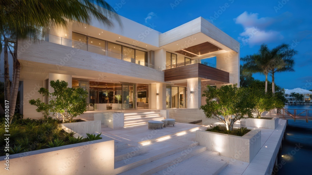 Fototapeta premium A contemporary coastal mansion with multi-level walkways recessed lighting set into travertine walls captured at dusk with glowing