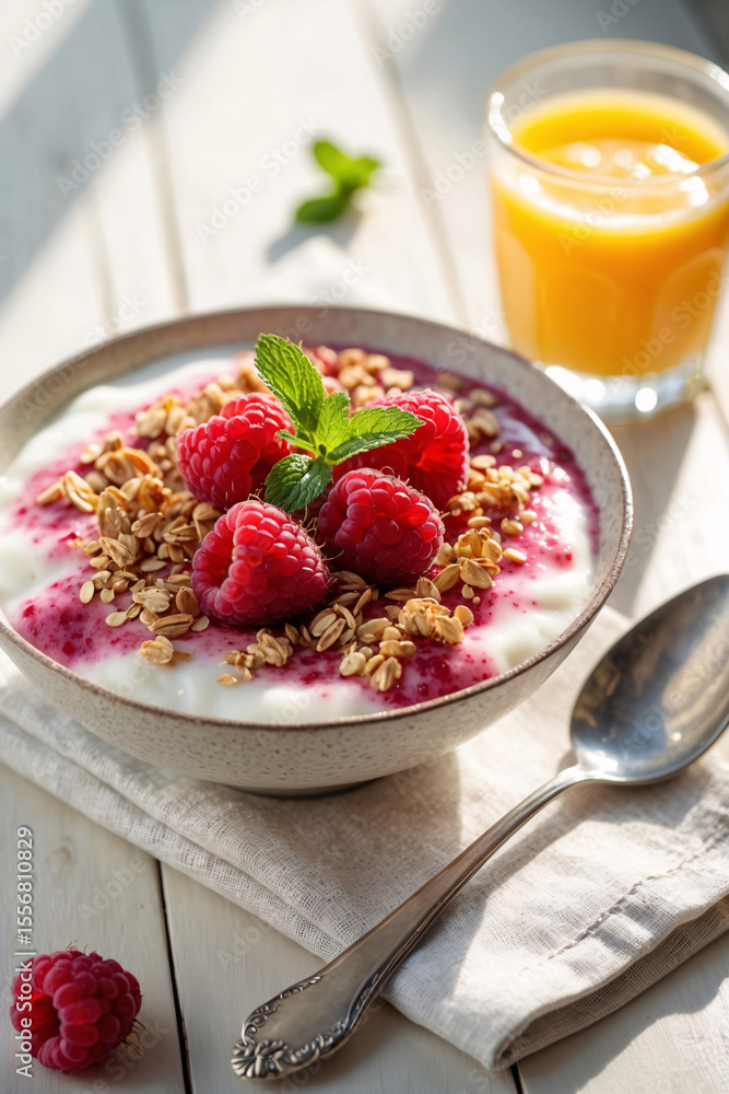 healthy morning flatlay of granola cereal with raspberry topping and orange juice on bright white table perfect for food promotion and branding food photography wallpaper background healthy morning flatlay of granola cereal with raspberry topping and orange juice on bright white table perfect for food promotion and branding food photography wallpaper background