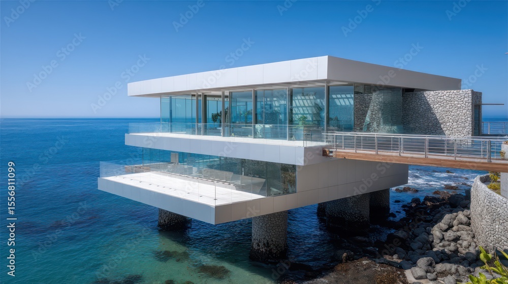 Fototapeta premium A contemporary coastal mansion hovering a reef shelf framed by stainless steel UV-treated glass captured in bright midday