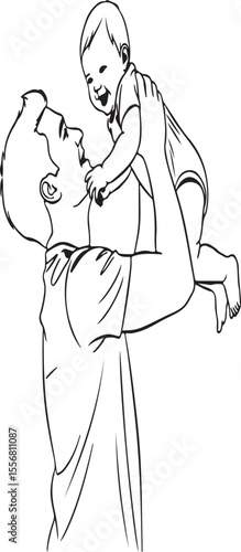 Line drawing of father holding up happy baby