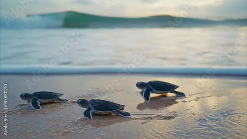 Three baby sea turtles crawling on sandy beach toward ocean at sunrise or sunset