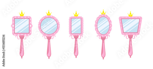 Princess mirror. Set of Elegant pink handheld mirrors with gold crowns. Beauty tale. Teen and child girl self care accessory. Vector illustration in flat cartoon style.