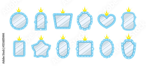 Prince mirror. Set of Childish wall mirror with different blue borders. Furniture for princess or royal room interior. Vintage Vector illustration in flat cartoon style.