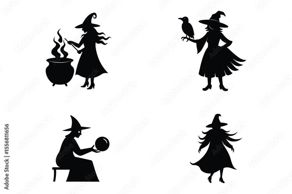 Set of silhouette witch, Witch Silhouette on white background. Halloween concept Set of silhouette witch, Witch Silhouette on white background. Halloween concept
