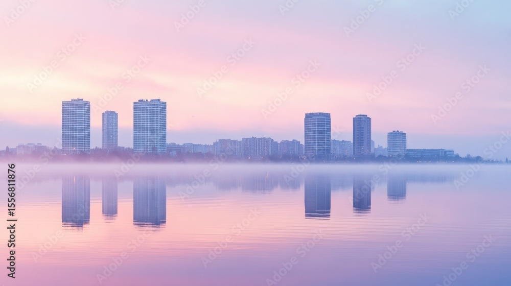 Obraz premium Serene Urban Skyline Reflection at Dawn with Soft Colored Clouds