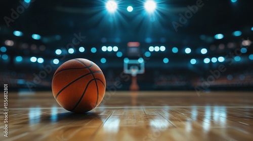 Close Up Of A Basketball On A Polished Wooden Court Under Bright Stadium Lights