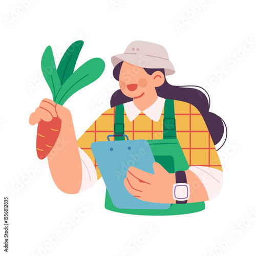 Flat illustration of smiling female farmer holding freshly carrots and clipboard to recording harvest data, symbolizing modern farming and crop reporting. Isolated on white background