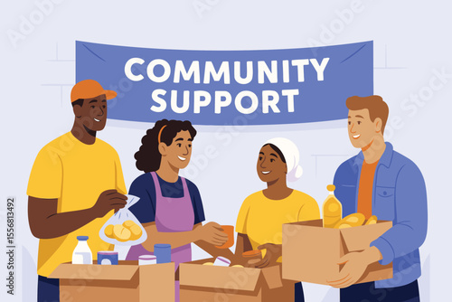 Diverse Volunteers Packing Food Boxes for Community Support – Flat Vector Illustration