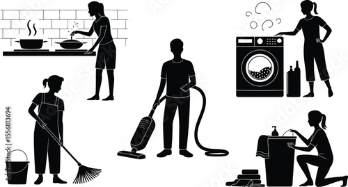 Silhouette illustrations of people doing various household chores