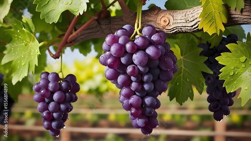Fresh purple grapes hanging on a vine with green leaves and water droplets in a vineyard during sunny harvest season.