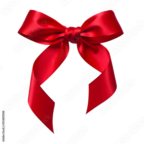 Shiny red satin ribbon bow with flowing tails isolated on a transparent background silk
