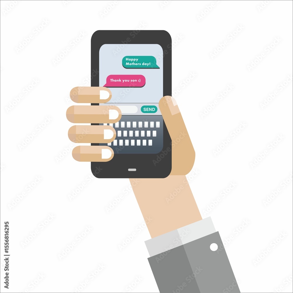 Image of hand holding smartphone with social media messages on white background Image of hand holding smartphone with social media messages on white background